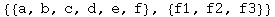 {{a, b, c, d, e, f}, {f1, f2, f3}}