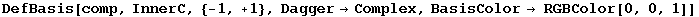 DefBasis[comp, InnerC, {-1, +1}, Dagger→Complex, BasisColor→ RGBColor[0, 0, 1]]