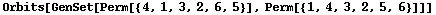 Orbits[GenSet[Perm[{4, 1, 3, 2, 6, 5}], Perm[{1, 4, 3, 2, 5, 6}]]]