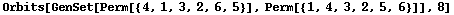 Orbits[GenSet[Perm[{4, 1, 3, 2, 6, 5}], Perm[{1, 4, 3, 2, 5, 6}]], 8]