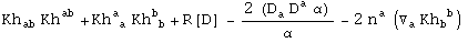 Kh_ab^   Kh_  ^ab + Kh_ ( a)^a  Kh_ ( b)^b + R[D] _^ - (2 (D_a^ D_ ^aα_^))/α_^ - 2 n_ ^a (▽_a^ Kh_b ^( b))